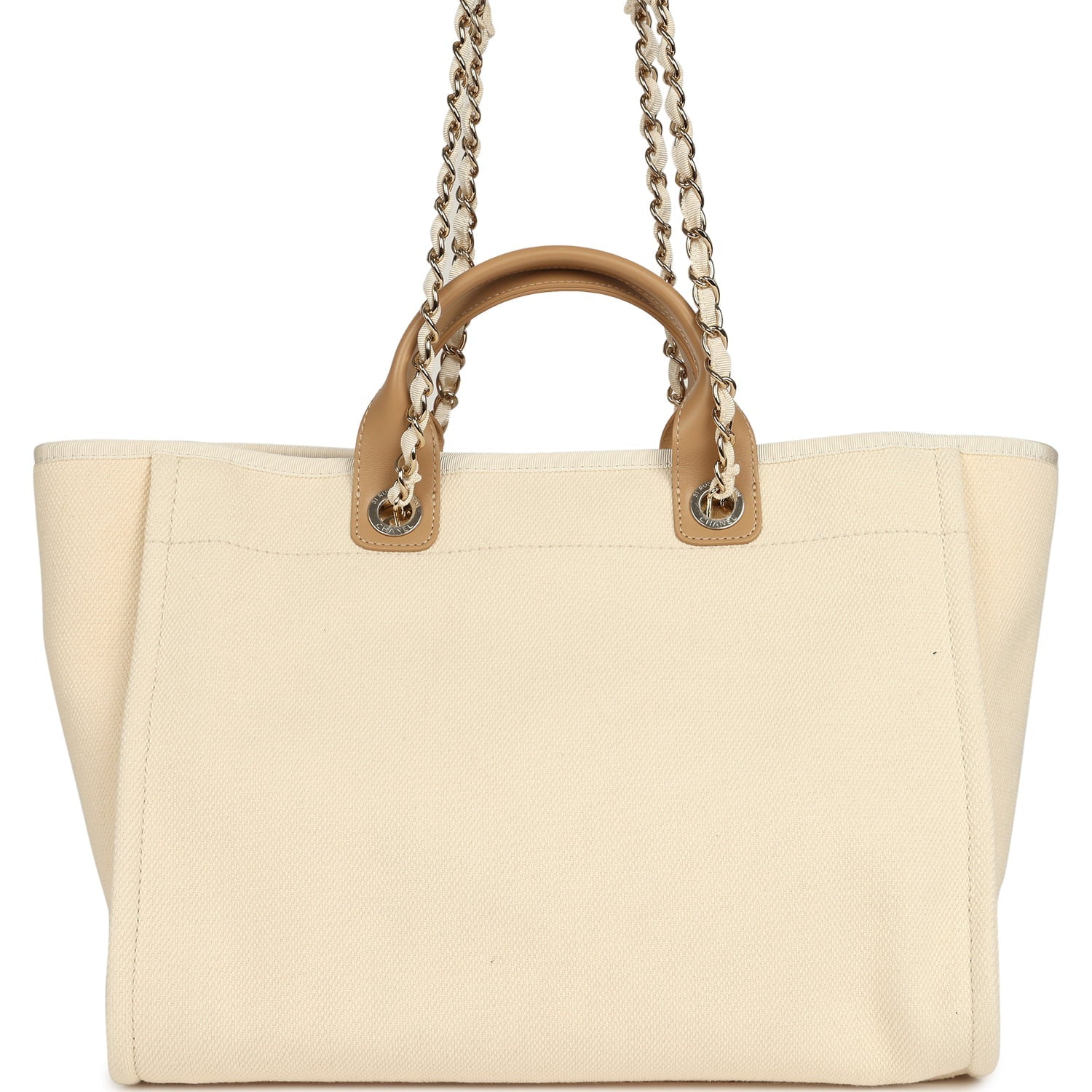 Chanel Medium Pearl Embellished Deauville Shopping Tote Light Beige Canvas Light Gold Hardware