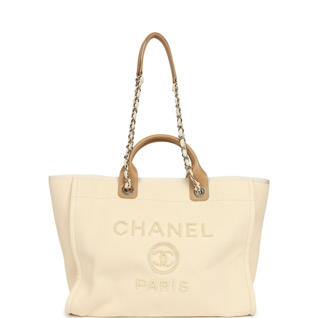 Chanel Medium Pearl Embellished Deauville Shopping Tote Light Beige Canvas Light Gold Hardware