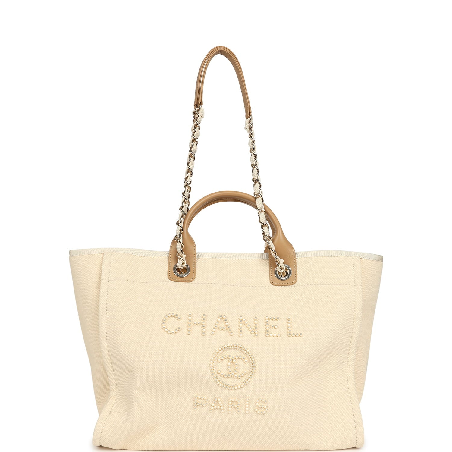 Chanel Medium Pearl Embellished Deauville Shopping Tote Light Beige Canvas Light Gold Hardware