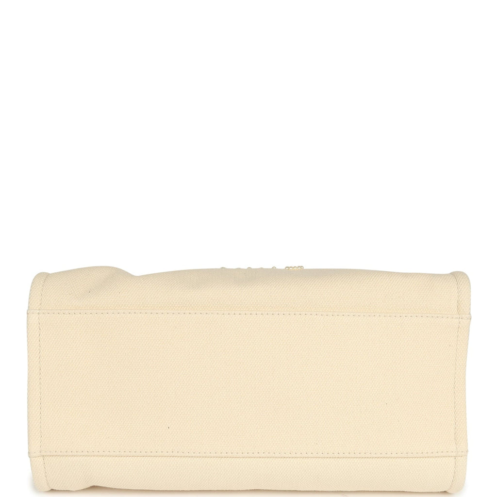Chanel Medium Pearl Embellished Deauville Shopping Tote Light Beige Canvas Light Gold Hardware