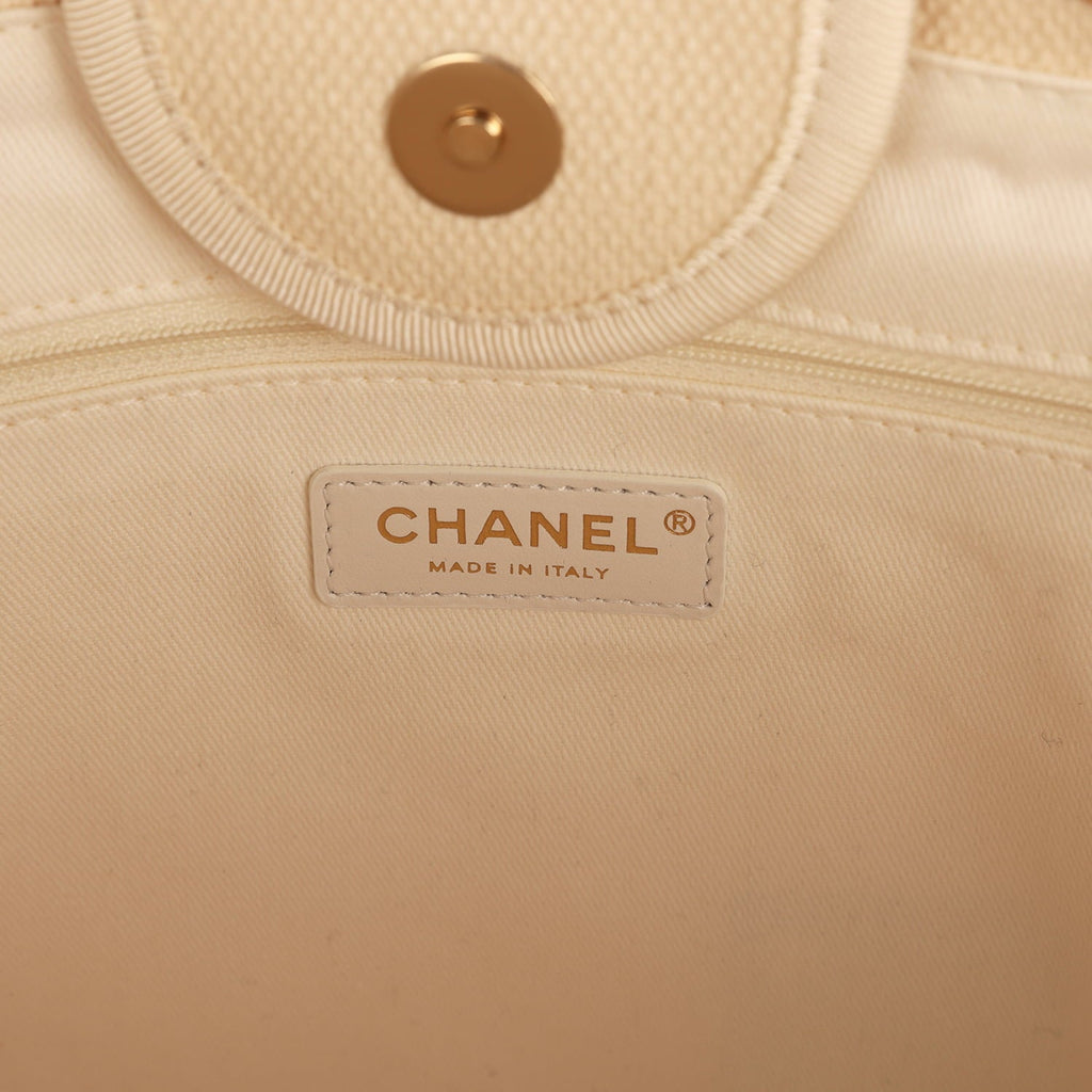 Chanel Medium Pearl Embellished Deauville Shopping Tote Light Beige Canvas Light Gold Hardware