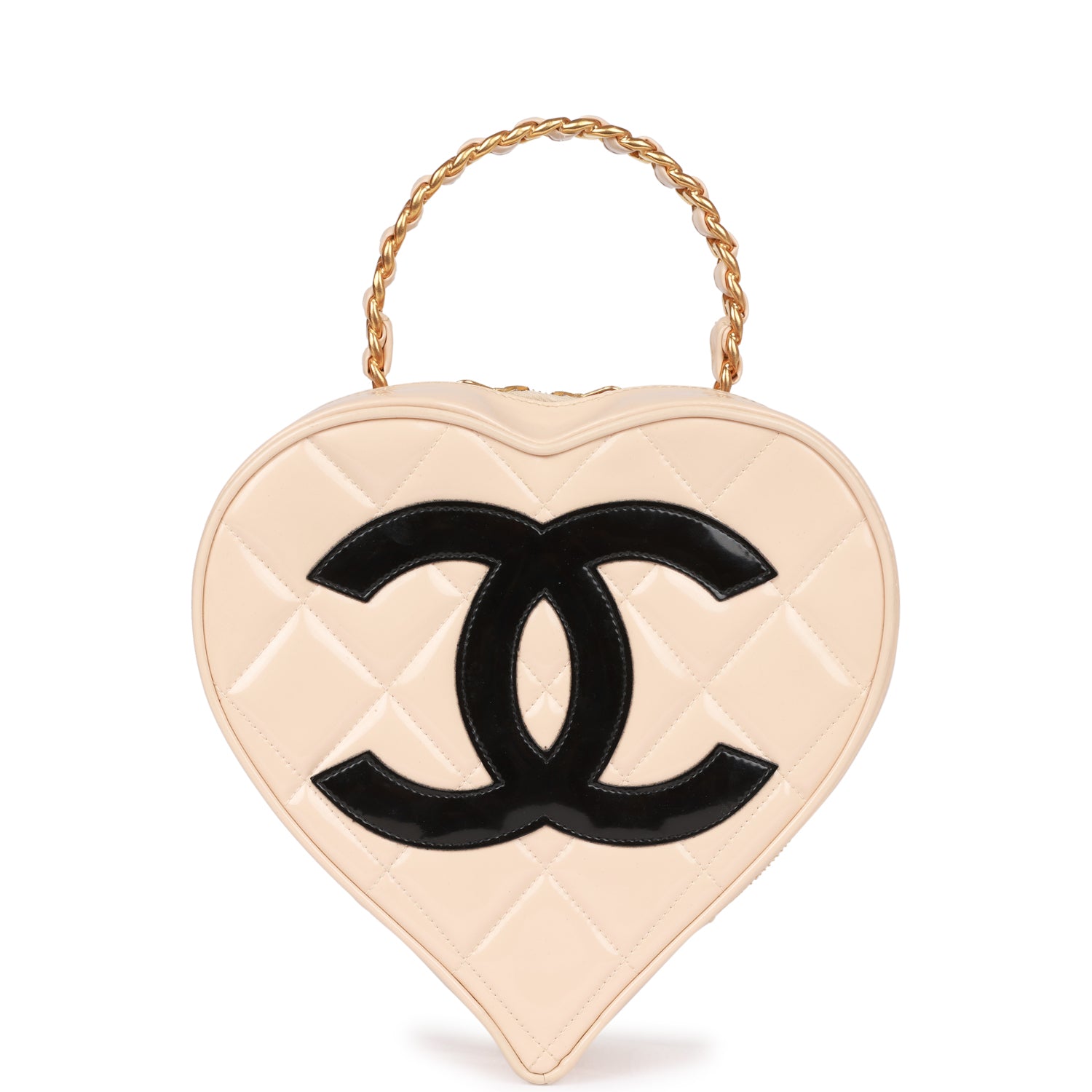 Vintage Chanel Heart Vanity Bag Beige and Black Patent Antique Gold Hardware