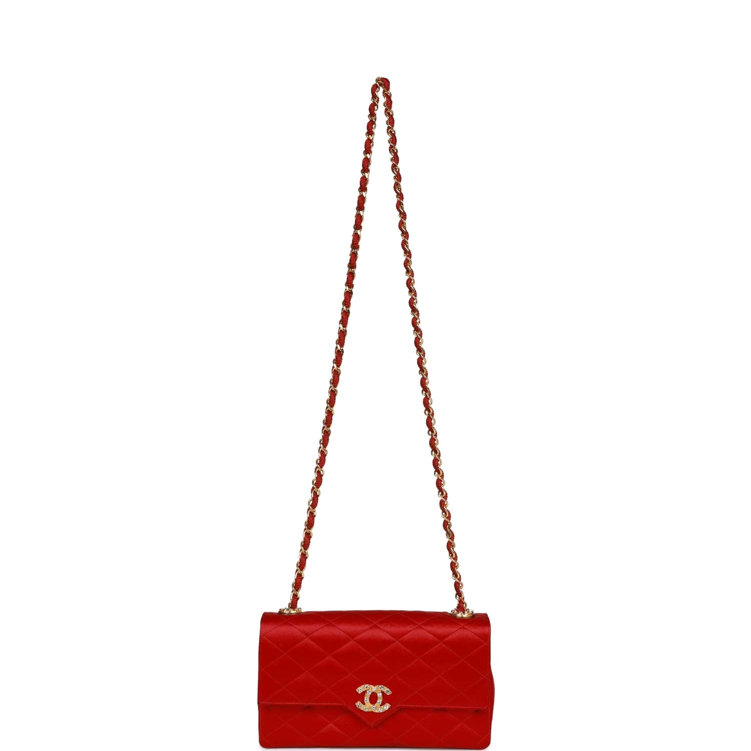 Vintage Chanel Small Flap Bag Red Satin Gold Hardware