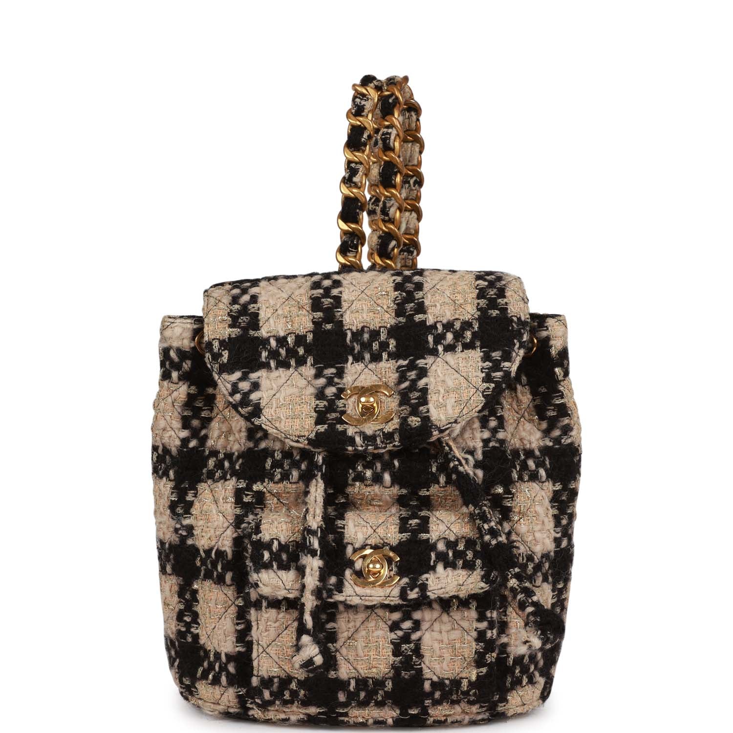 New Chanel Duma Backpack Beige and Black Tweed Gold Hardware