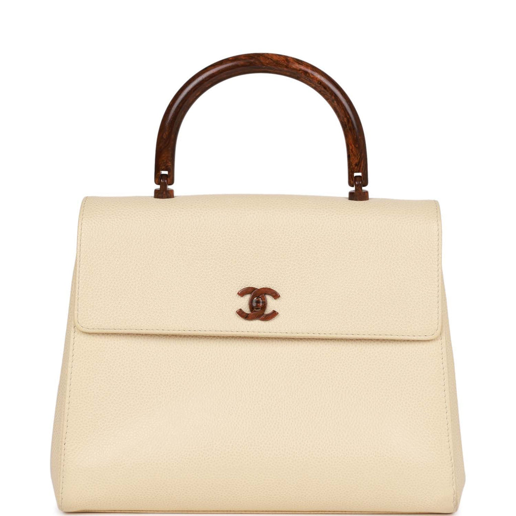 Vintage Chanel Wood Top Handle Kelly Ivory Caviar