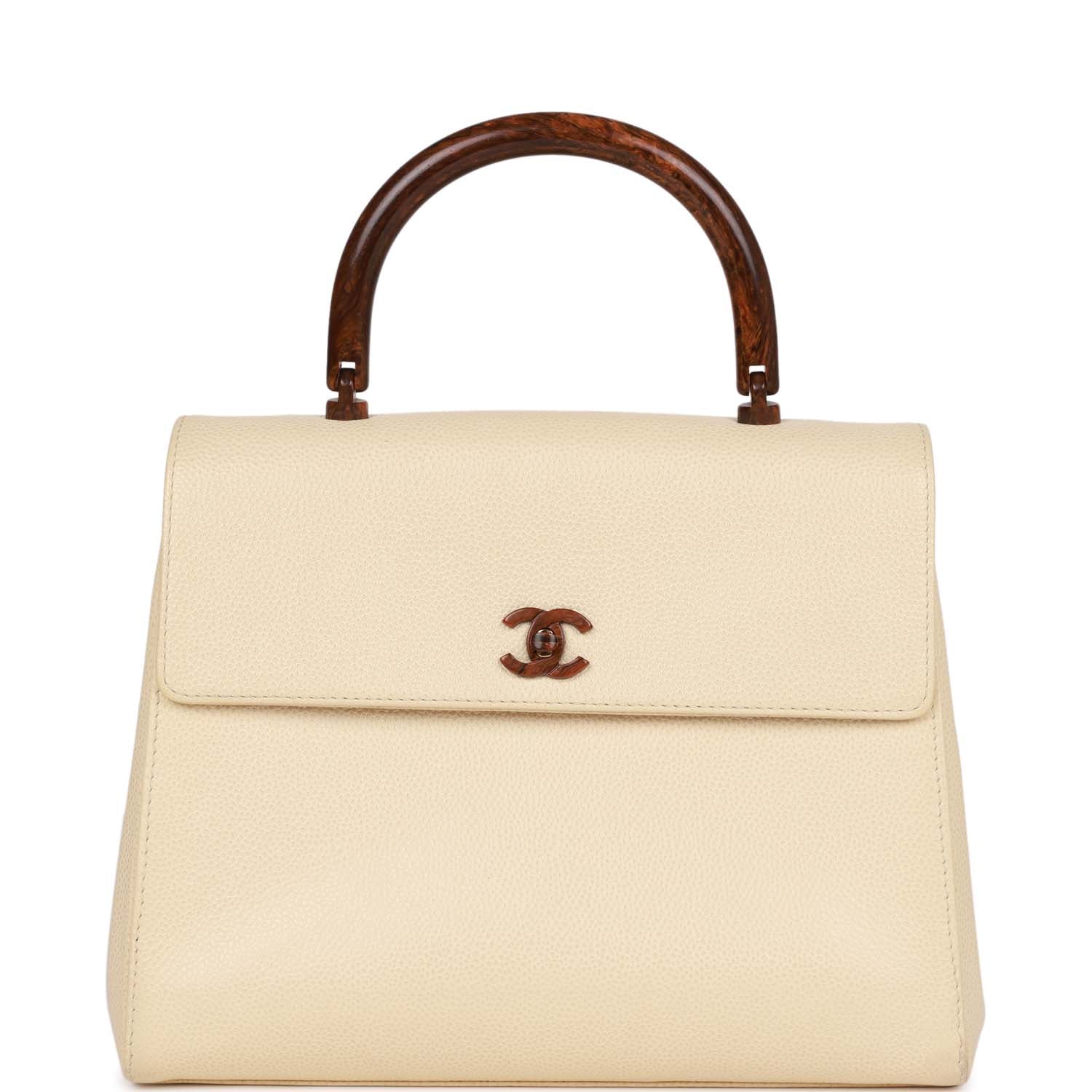 Vintage Chanel Wood Top Handle Kelly Ivory Caviar