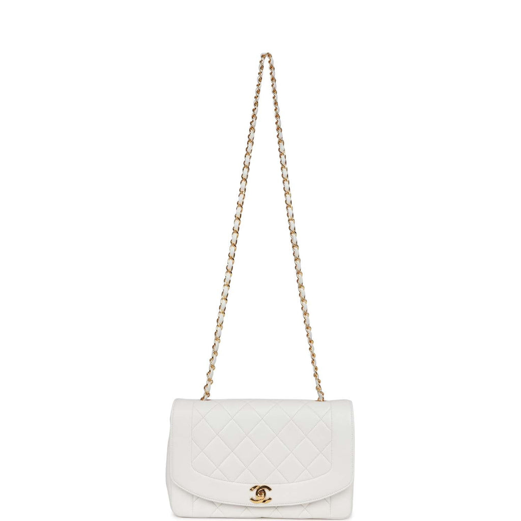 Vintage Chanel Medium Diana Flap Bag White Lambskin Gold Hardware