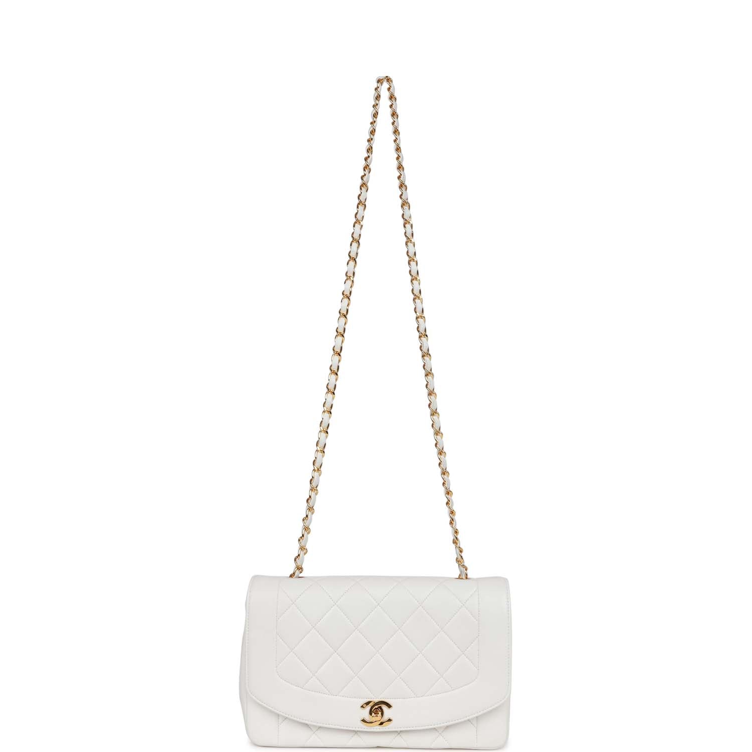 Vintage Chanel Medium Diana Flap Bag White Lambskin Gold Hardware