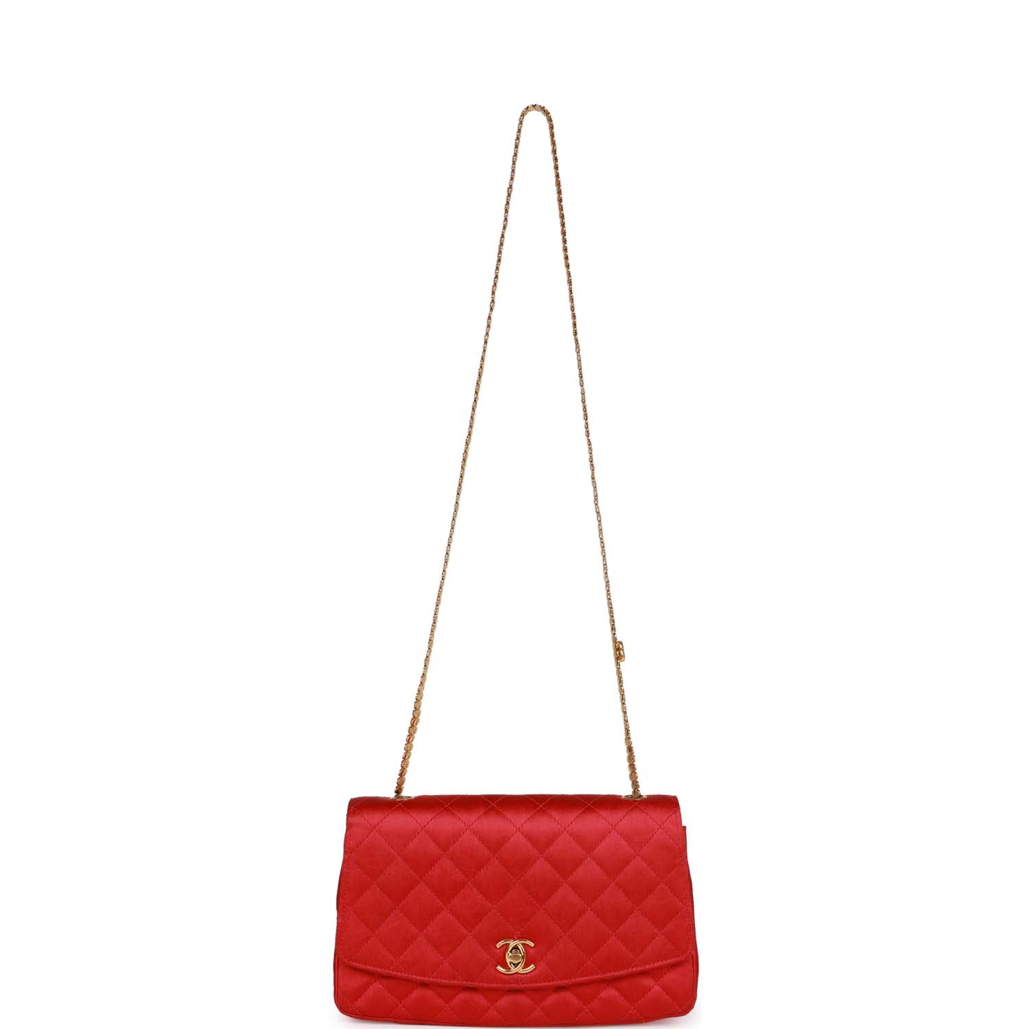 Vintage Chanel Flap Bag Red Satin Gold Hardware