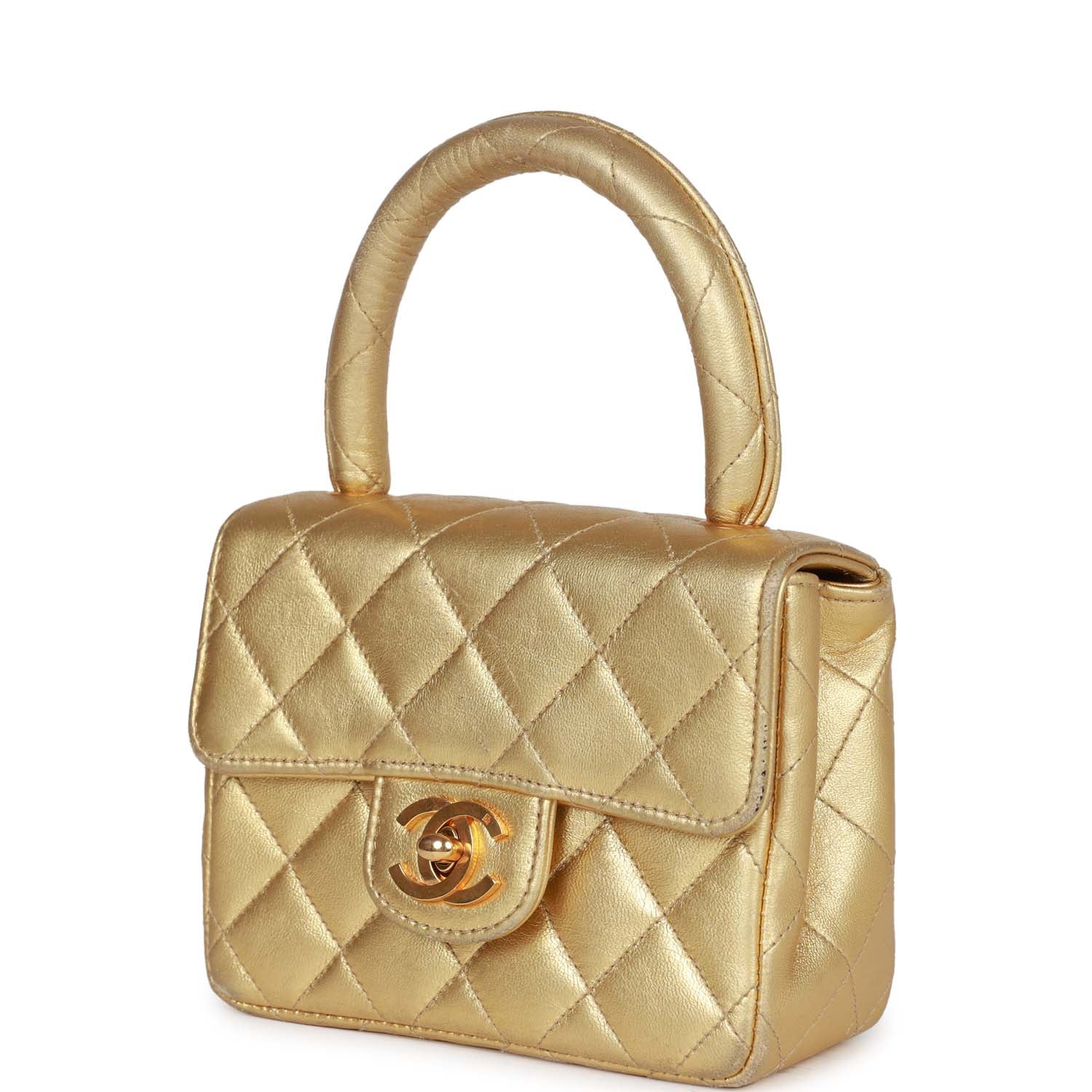 Vintage Chanel Micro Kelly Child Flap Bag Gold Metallic Lambskin Gold Hardware