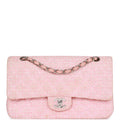 Vintage Chanel Medium Classic Double Flap Bag Pink Tweed Silver Hardware