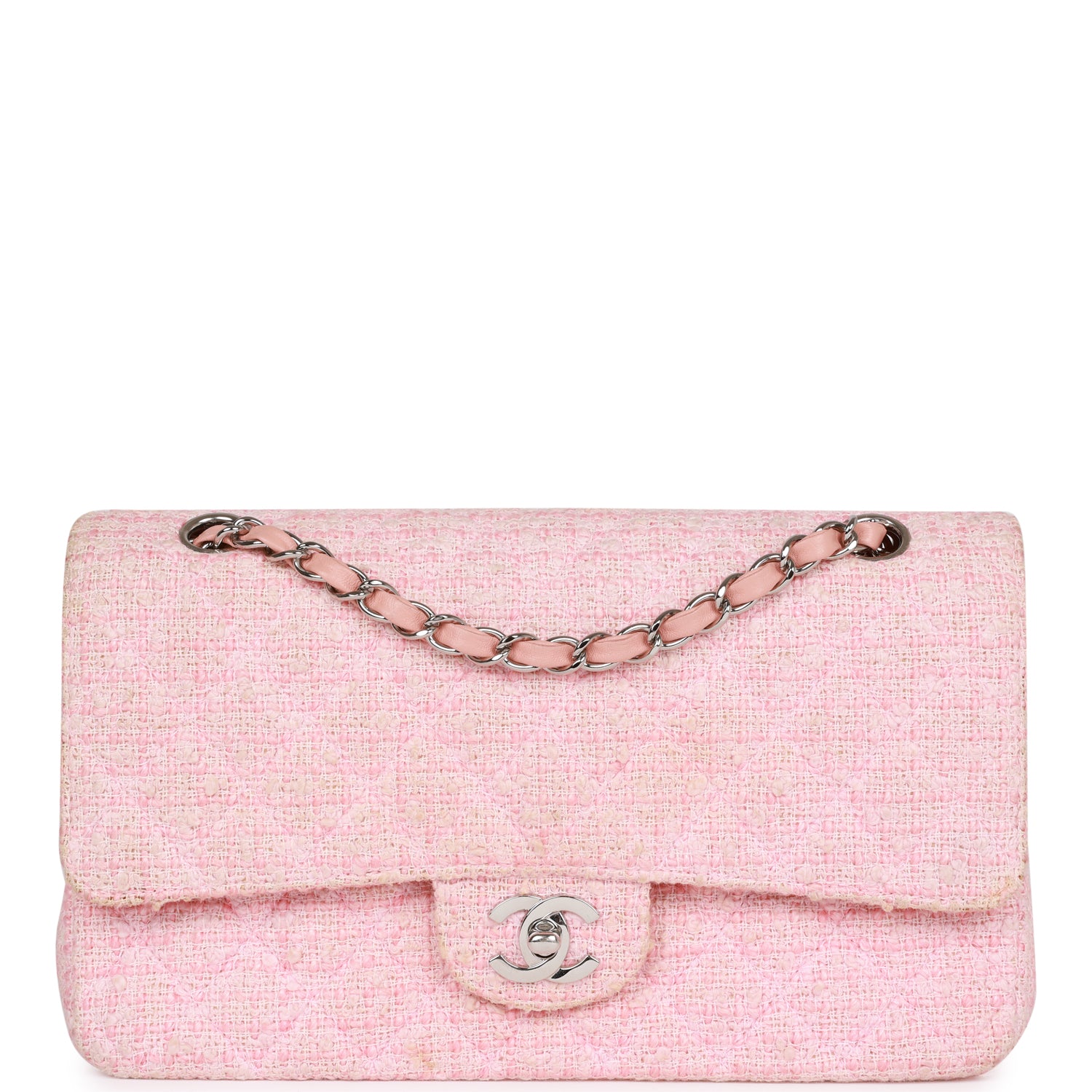 Vintage Chanel Medium Classic Double Flap Bag Pink Tweed Silver Hardware