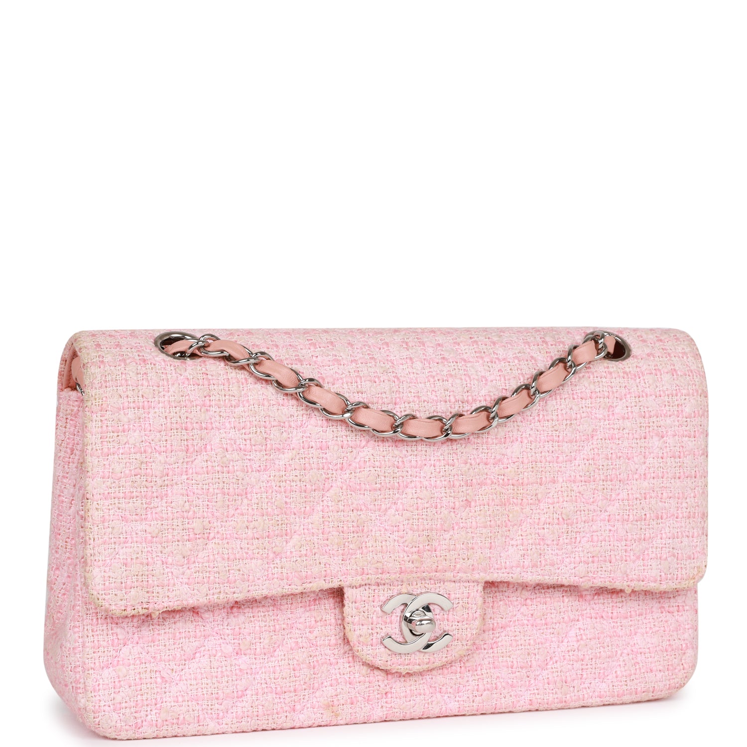 Vintage Chanel Medium Classic Double Flap Bag Pink Tweed Silver Hardware