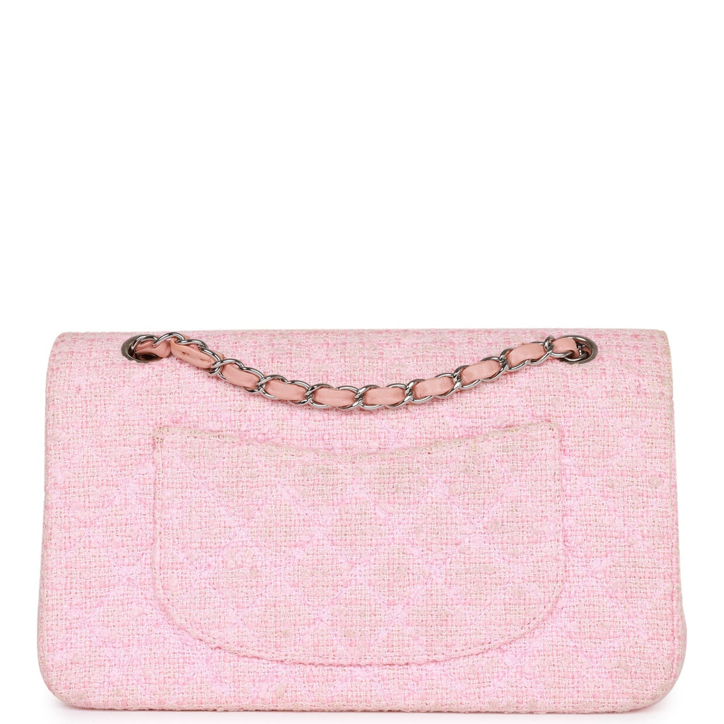 Vintage Chanel Medium Classic Double Flap Bag Pink Tweed Silver Hardware