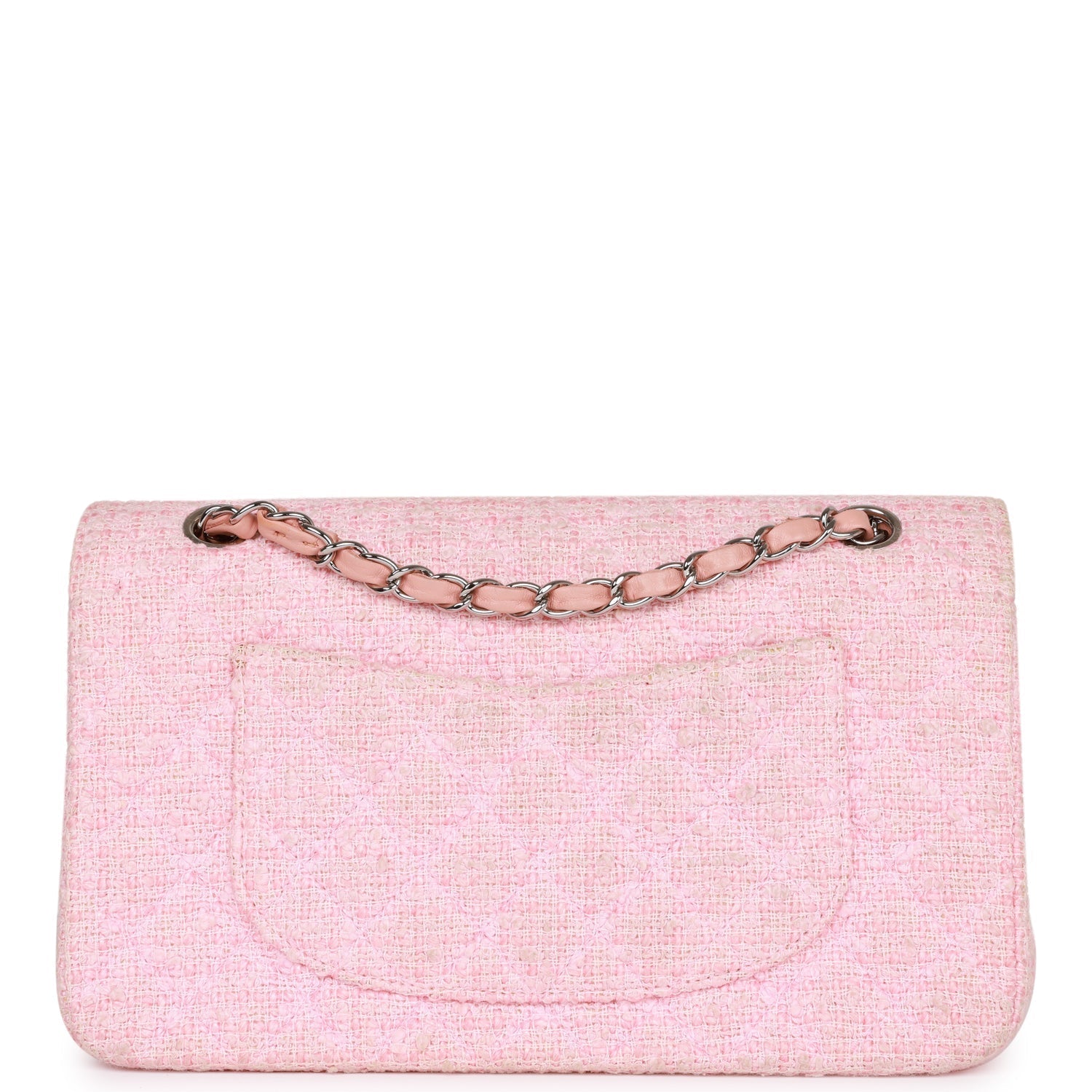Vintage Chanel Medium Classic Double Flap Bag Pink Tweed Silver Hardware