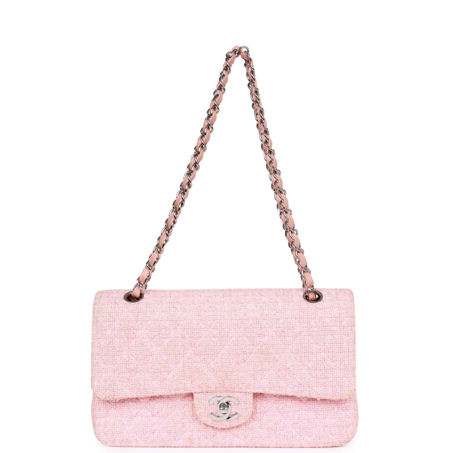Vintage Chanel Medium Classic Double Flap Bag Pink Tweed Silver Hardware