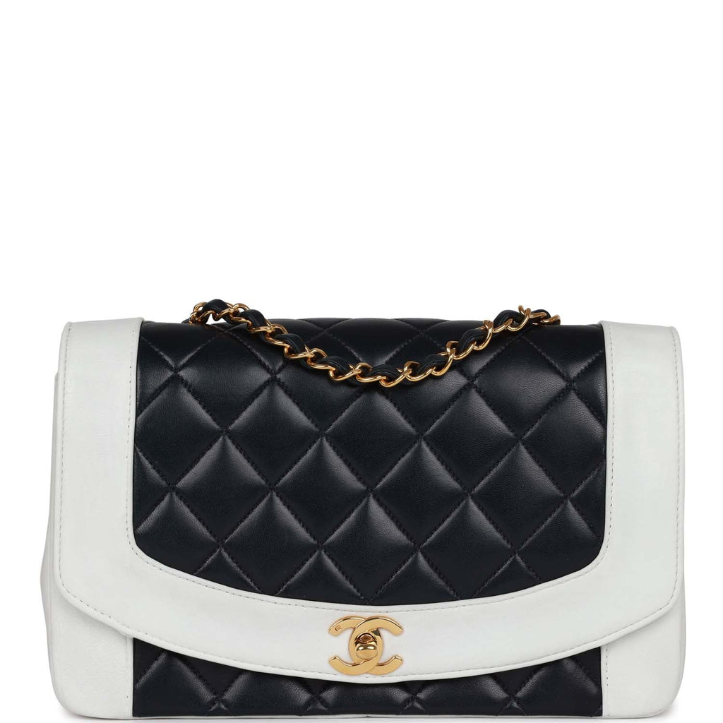 Vintage Chanel Small Diana Flap Bag White and Navy Lambskin Gold Hardware