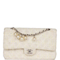 Vintage Chanel Medium Double Flap Bag White Tweed Silver Hardware