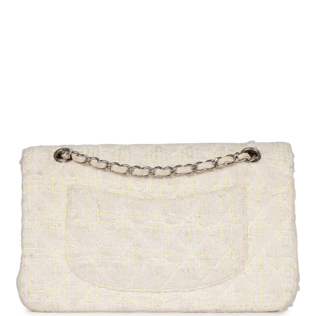 Vintage Chanel Medium Double Flap Bag White Tweed Silver Hardware