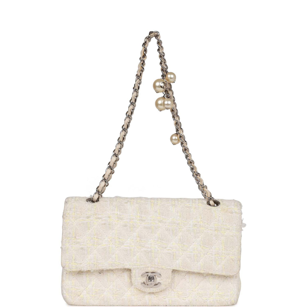 Vintage Chanel Medium Double Flap Bag White Tweed Silver Hardware