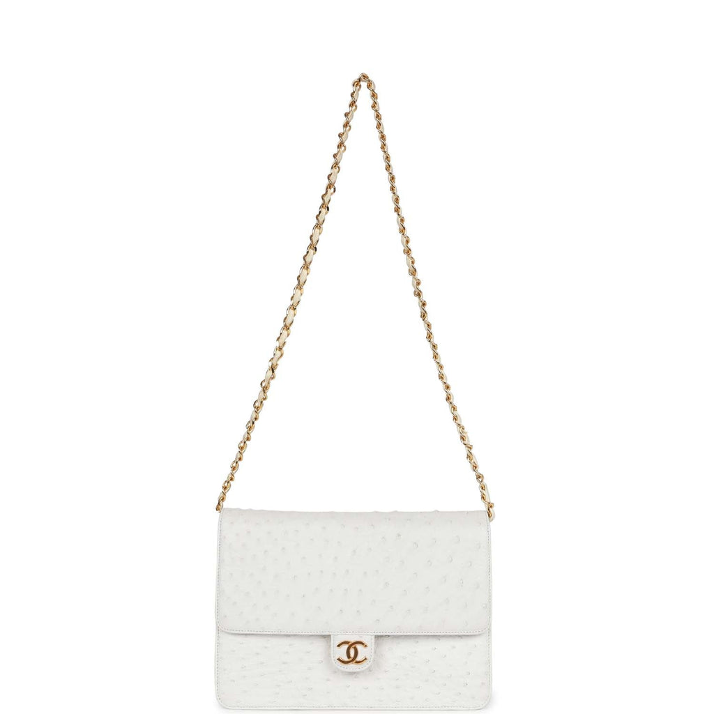 Vintage Chanel Single Flap Bag White Ostrich Gold Hardware