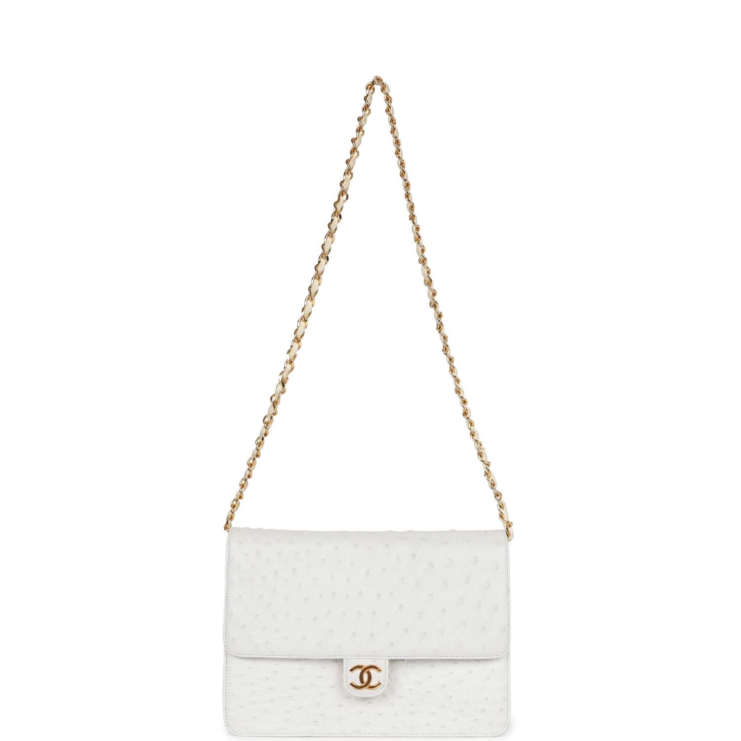 Vintage Chanel Single Flap Bag White Ostrich Gold Hardware