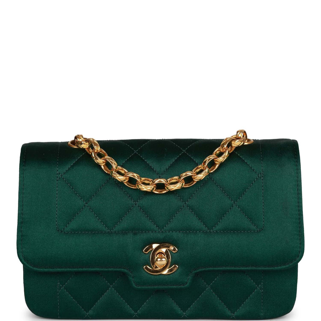 Vintage Chanel Mini Flap Bag Green Satin Gold Hardware