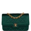 Vintage Chanel Mini Flap Bag Green Satin Gold Hardware