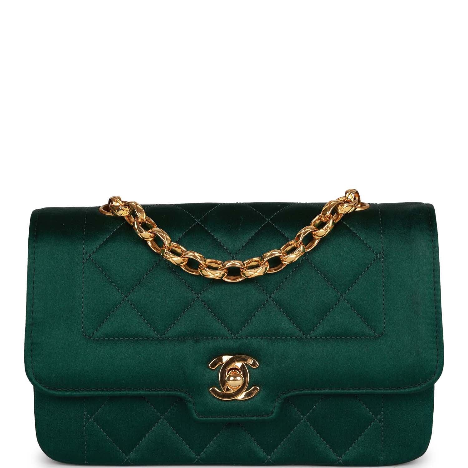 Vintage Chanel Mini Flap Bag Green Satin Gold Hardware