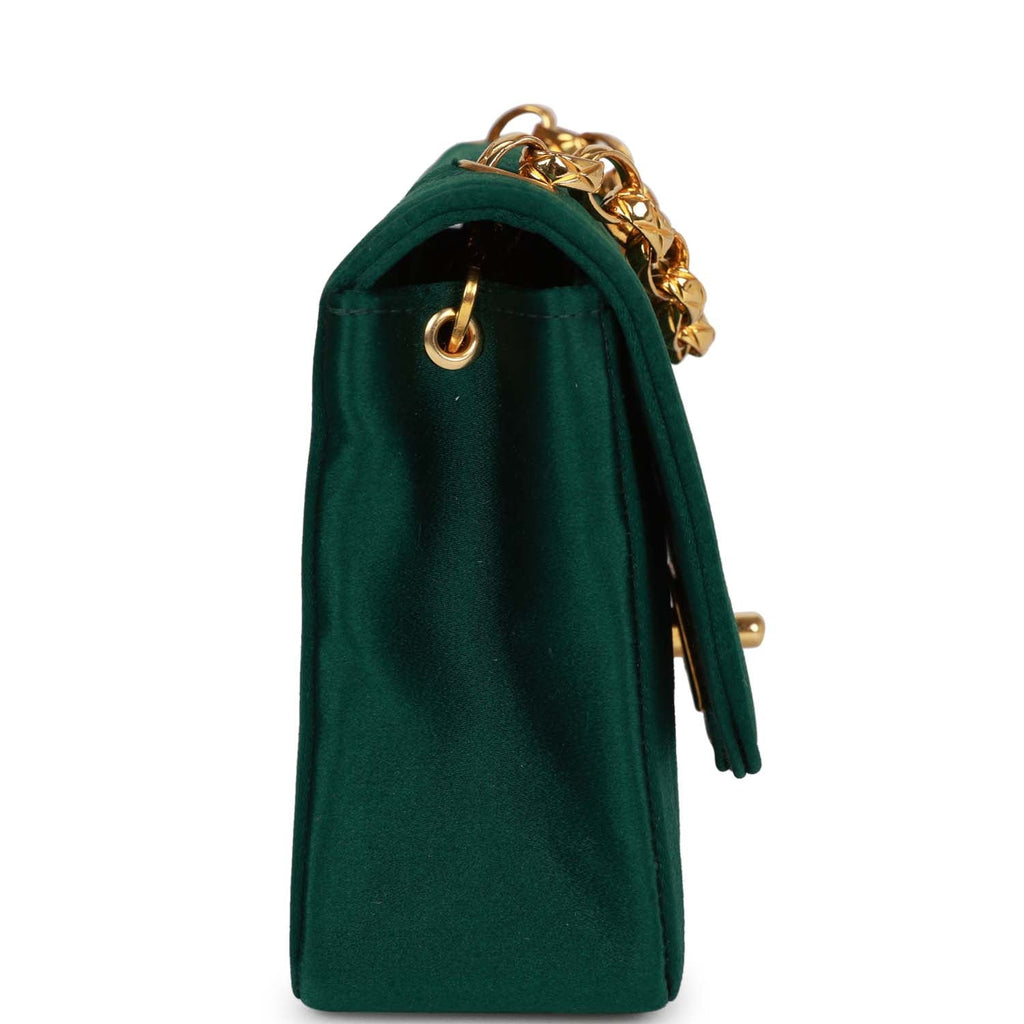 Vintage Chanel Mini Flap Bag Green Satin Gold Hardware