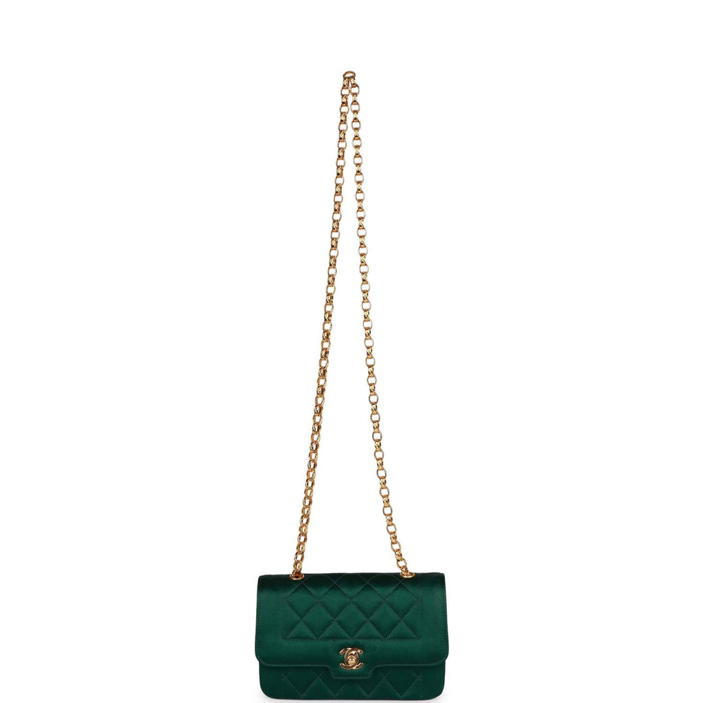 Vintage Chanel Mini Flap Bag Green Satin Gold Hardware