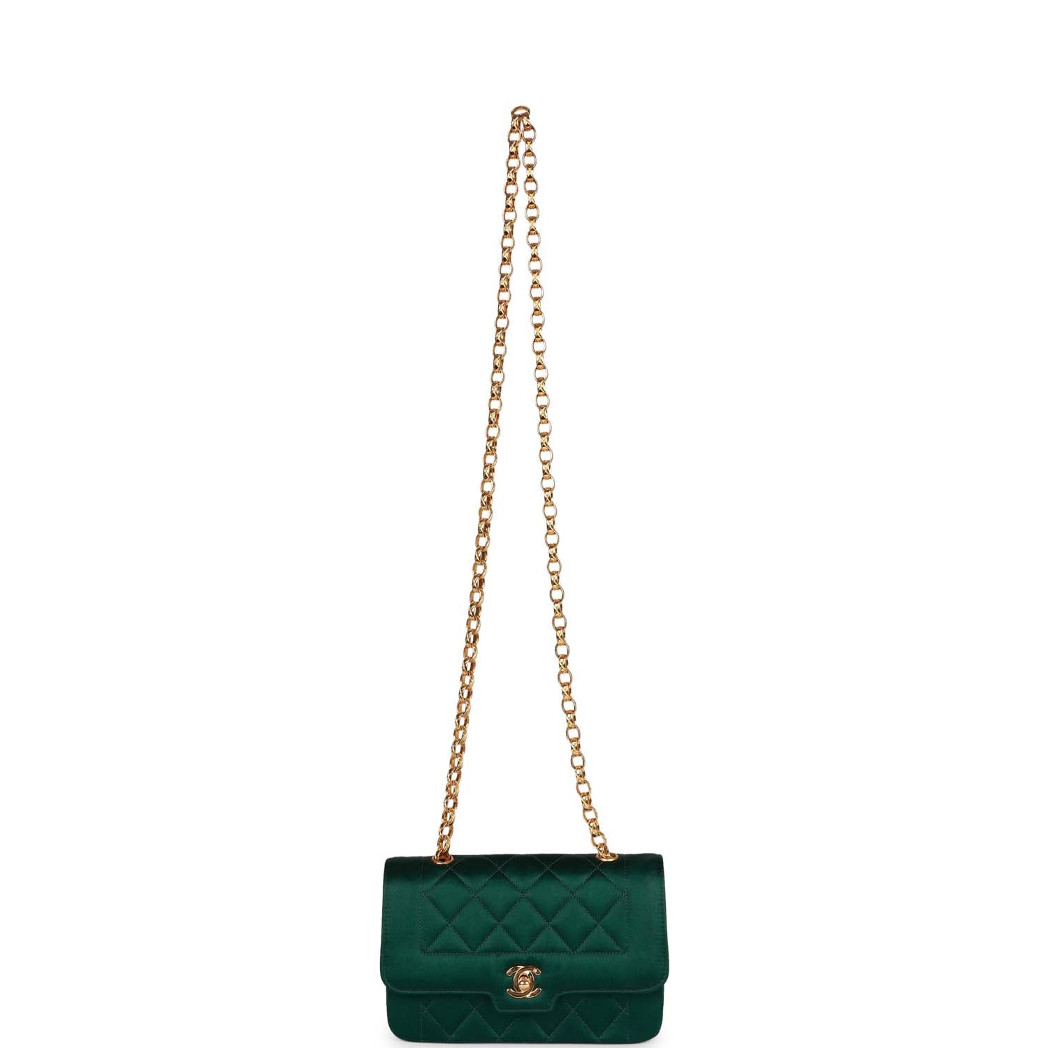 Vintage Chanel Mini Flap Bag Green Satin Gold Hardware