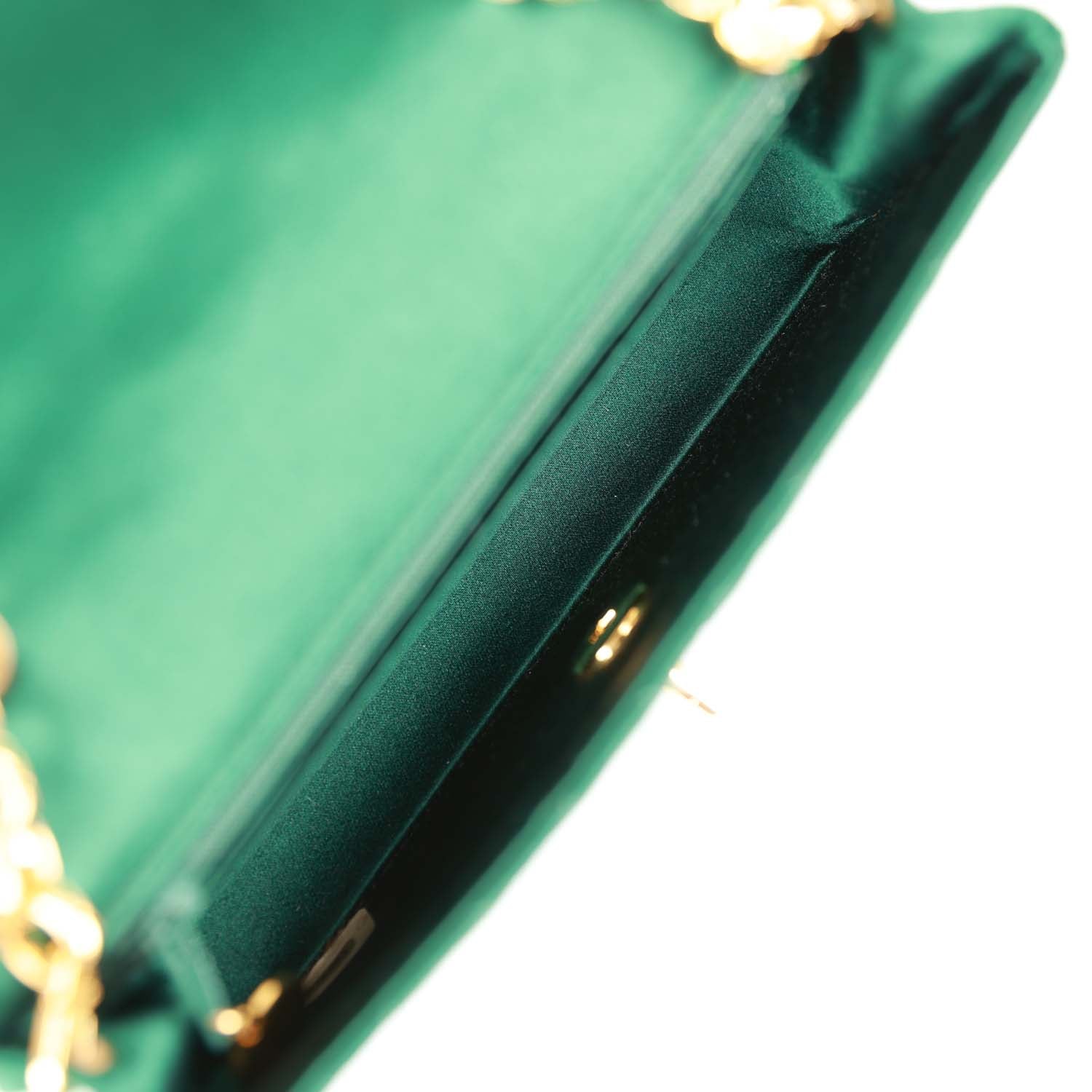 Vintage Chanel Mini Flap Bag Green Satin Gold Hardware