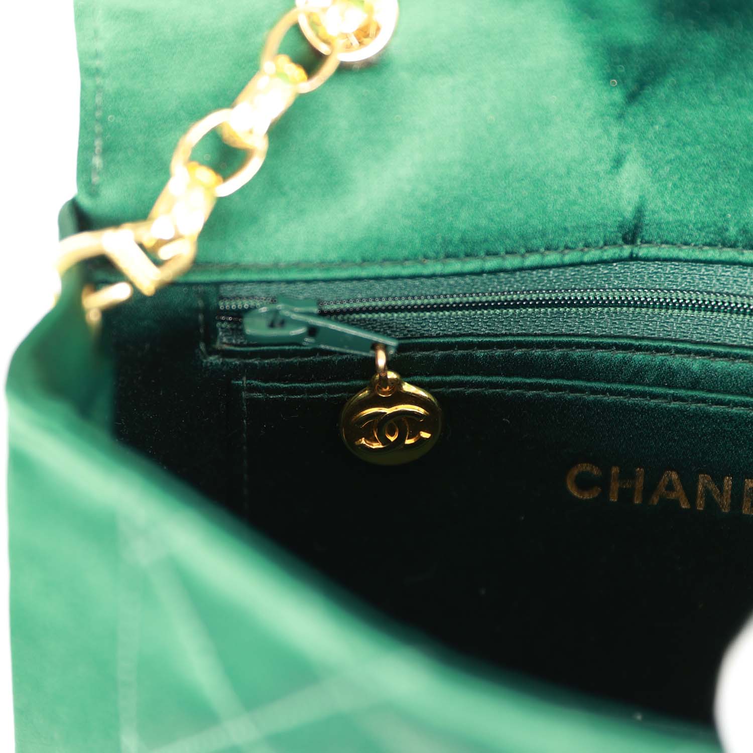 Vintage Chanel Mini Flap Bag Green Satin Gold Hardware