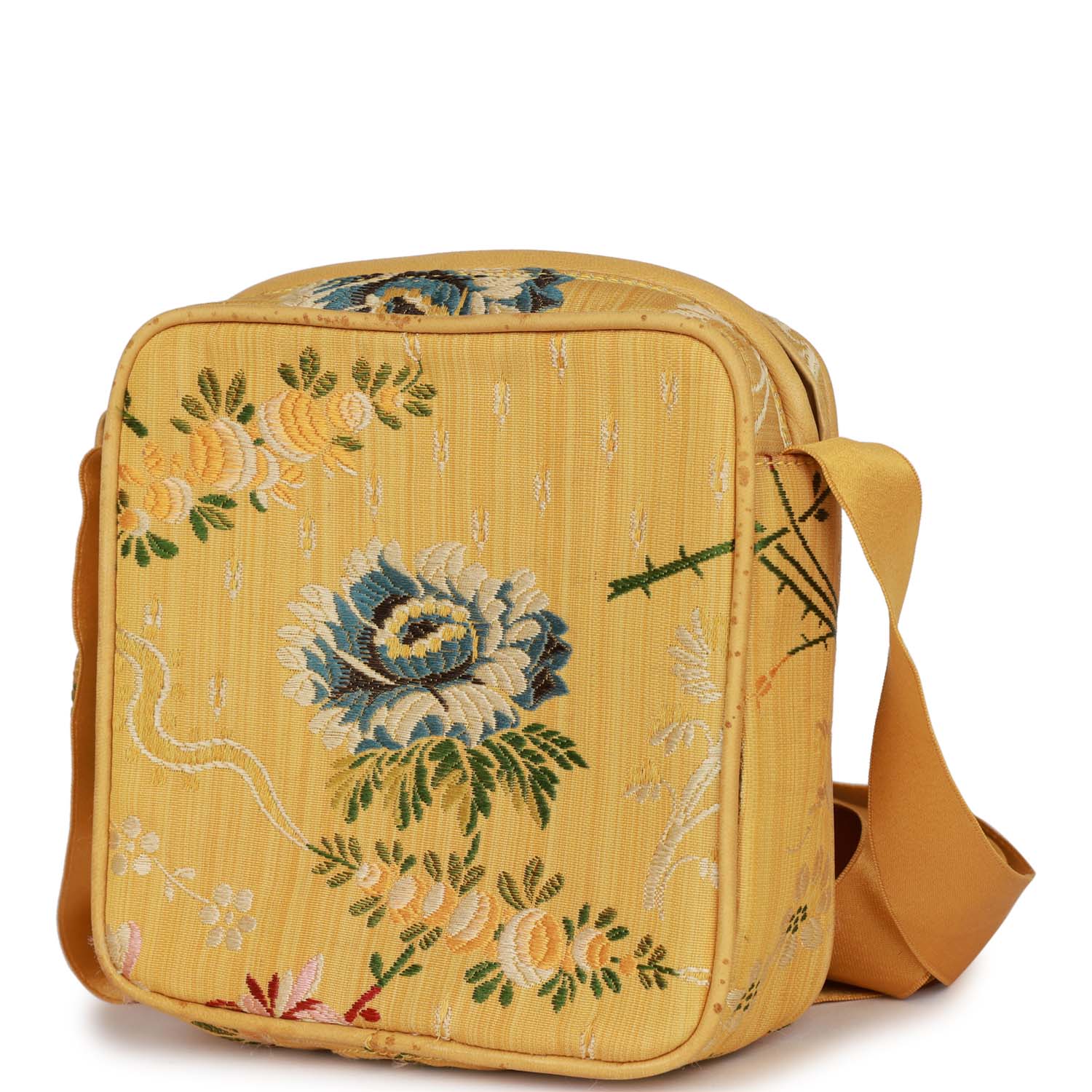 Vintage Chanel Brocade Camera Bag Yellow Silk Gold Hardware