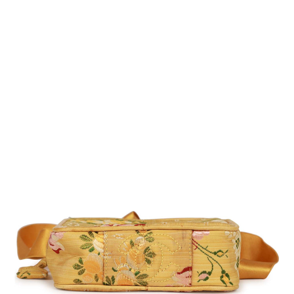 Vintage Chanel Brocade Camera Bag Yellow Silk Gold Hardware