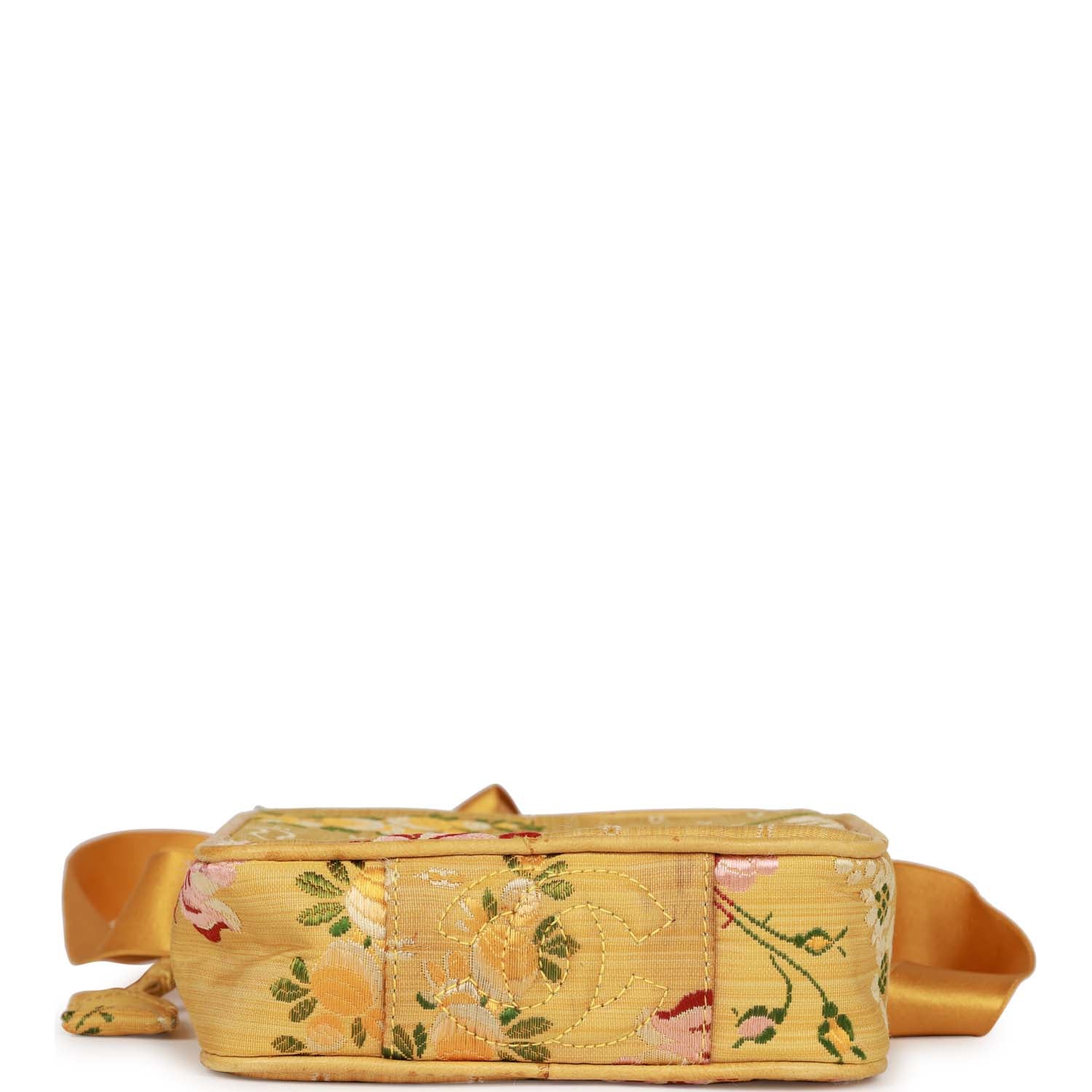 Vintage Chanel Brocade Camera Bag Yellow Silk Gold Hardware