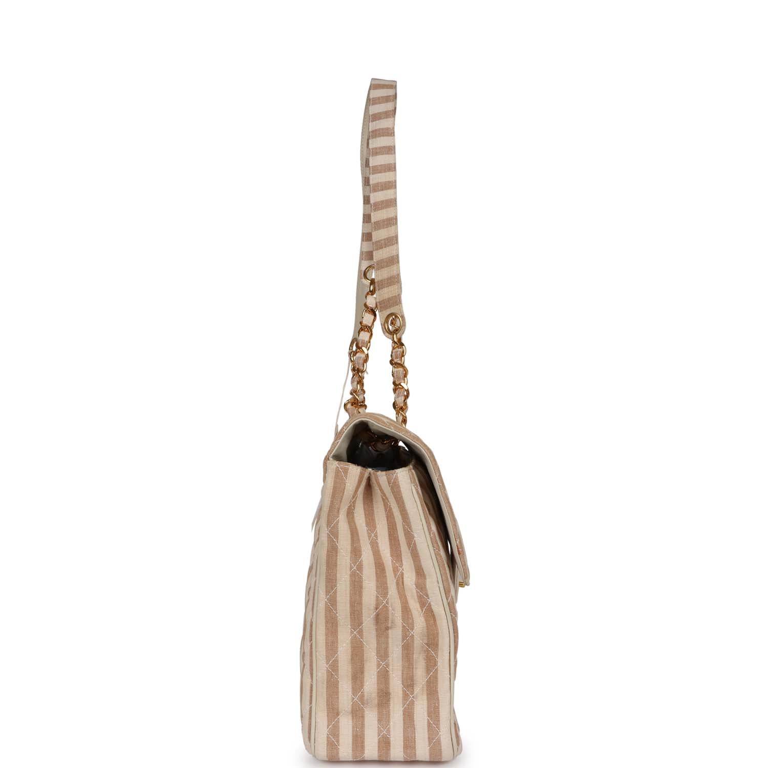 Vintage Chanel XXL Travel Flap Bag Striped Linen Gold Hardware