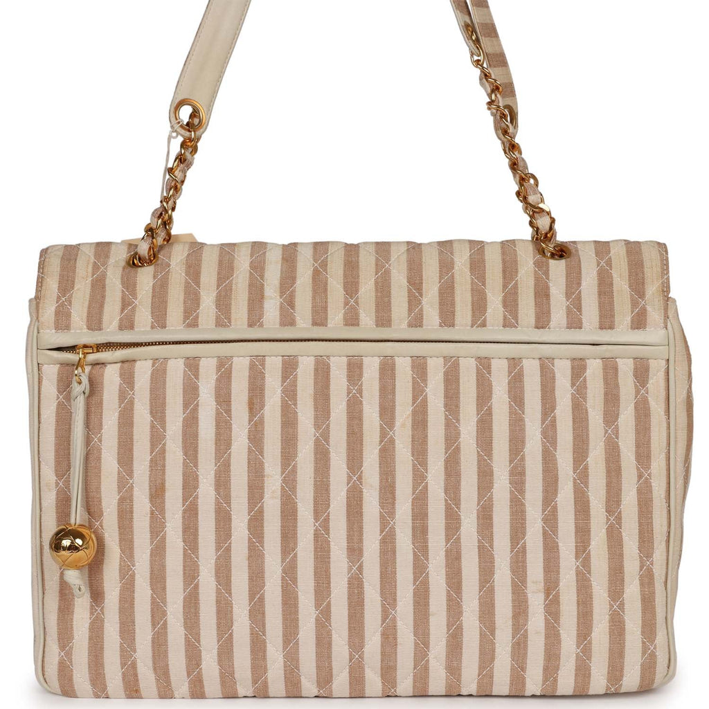 Vintage Chanel XXL Travel Flap Bag Striped Linen Gold Hardware