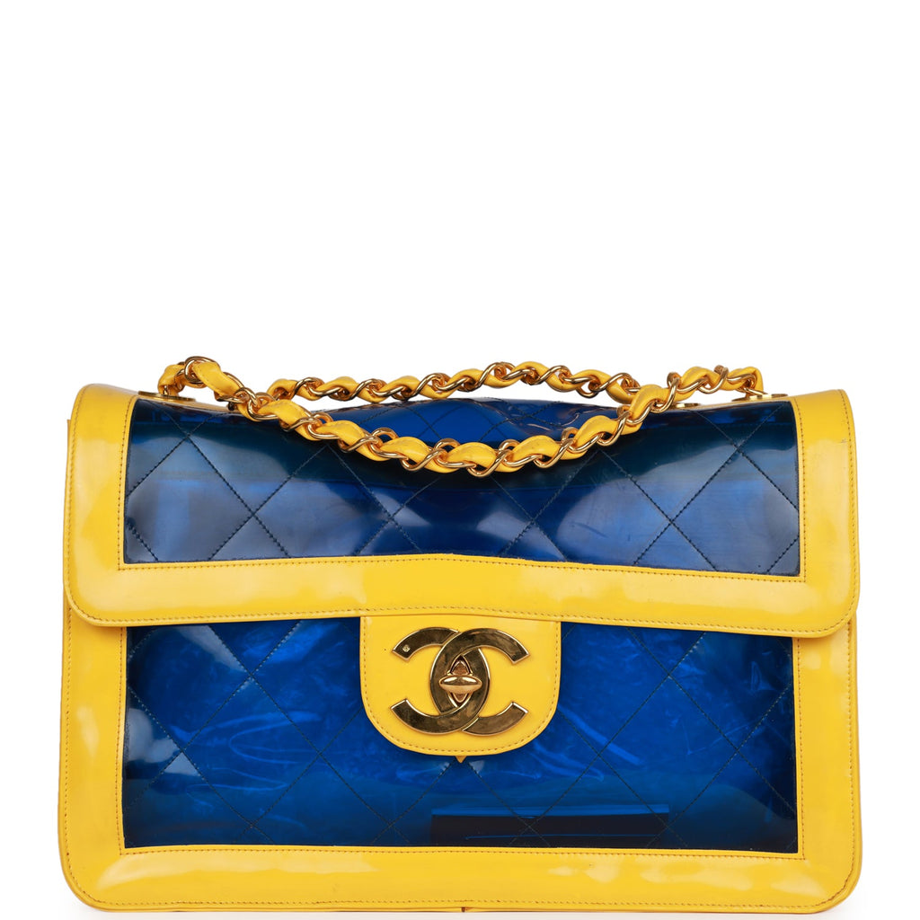 Vintage Chanel Maxi Flap Bag Yellow/Blue Quilted Patent Leather Gold Hardware