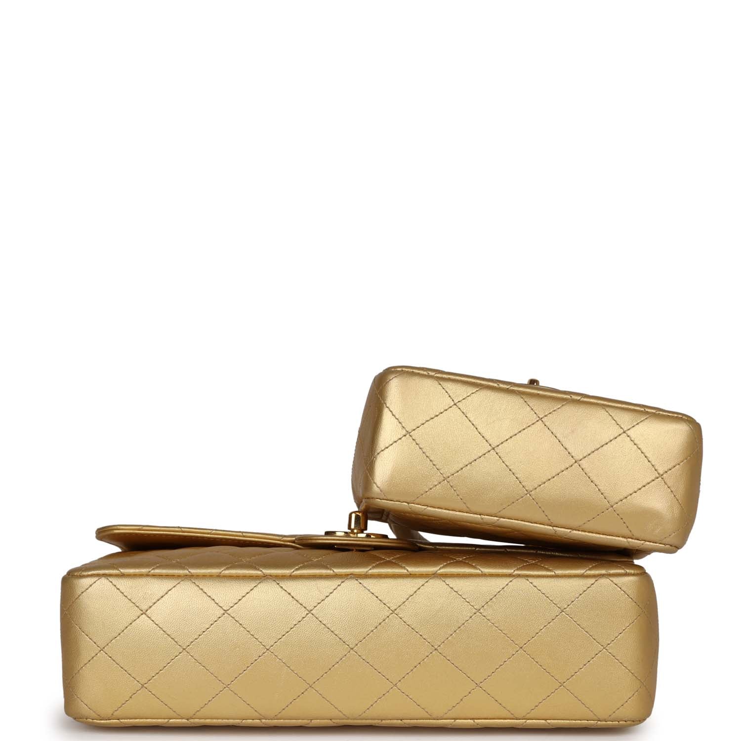 Vintage Chanel Kelly Parent and Child Flap Bag Set Gold Metallic Lambskin Gold Hardware