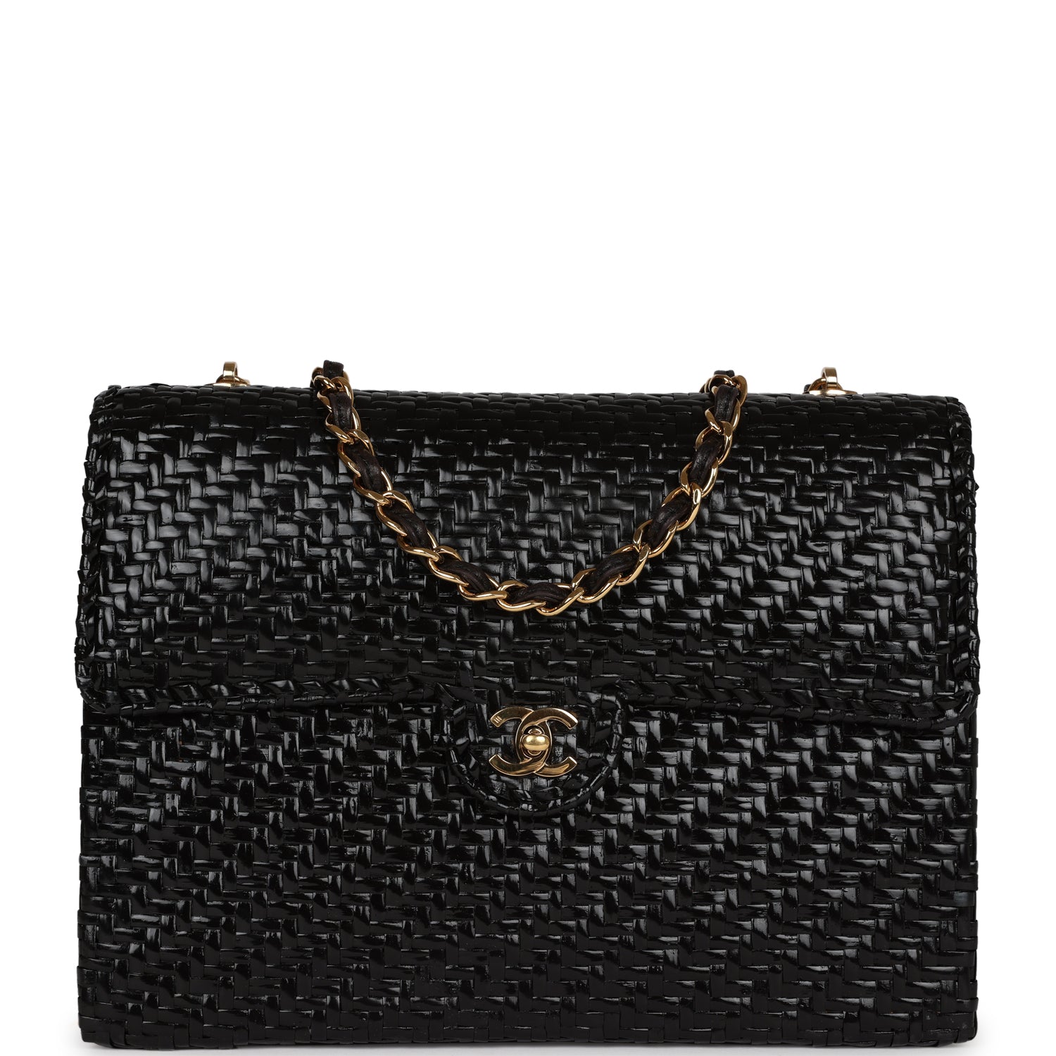 New Chanel Flap Bag Black Wicker Gold Hardware