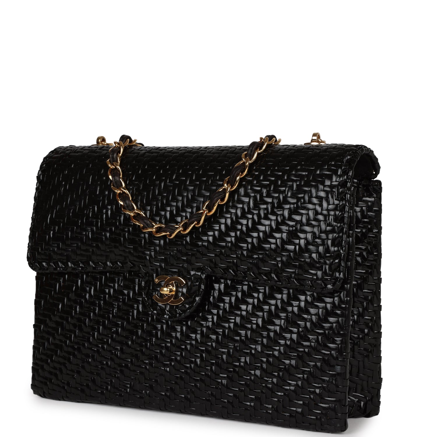 New Chanel Flap Bag Black Wicker Gold Hardware
