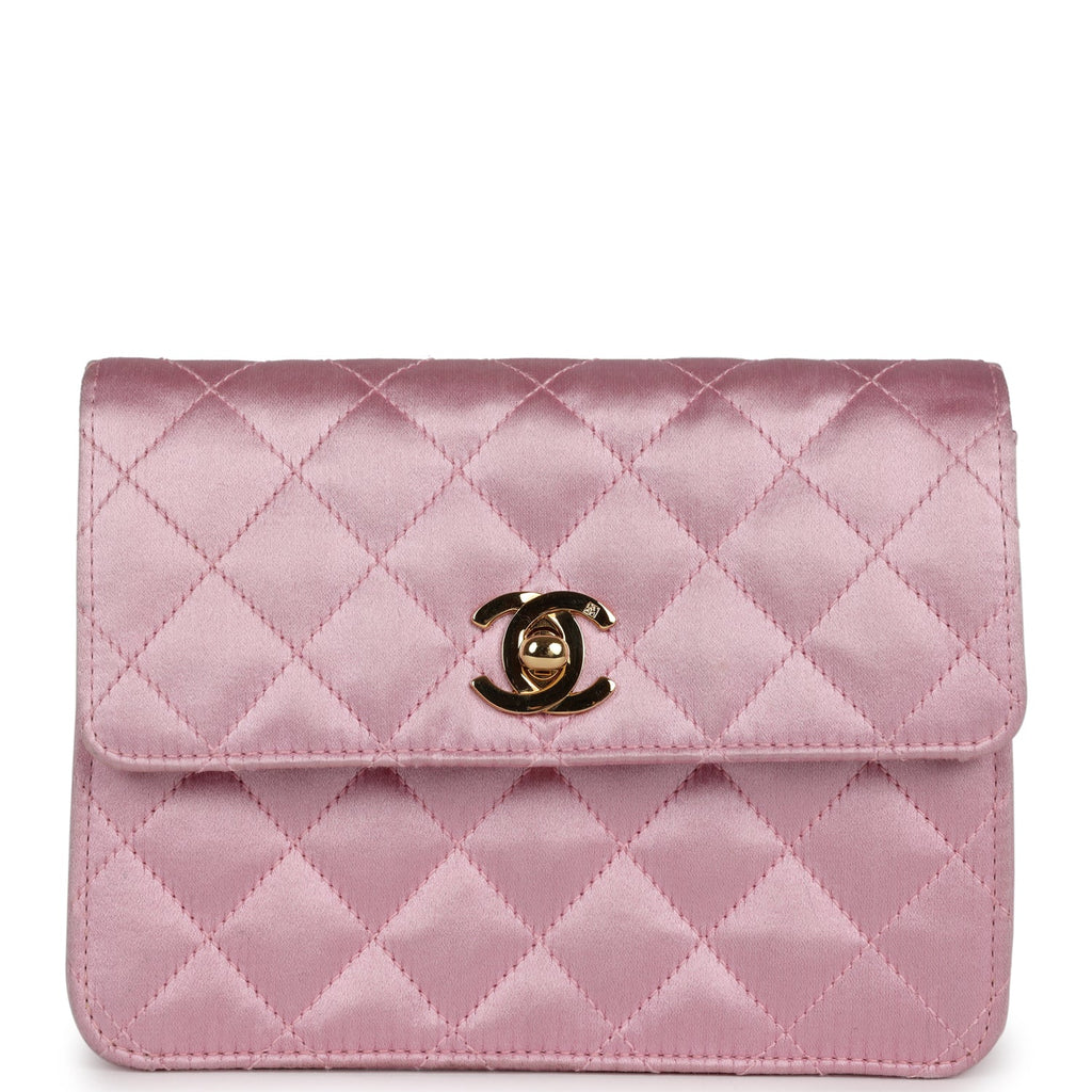 Vintage Chanel Mini Straight Flap Bag Pink Satin Gold Hardware