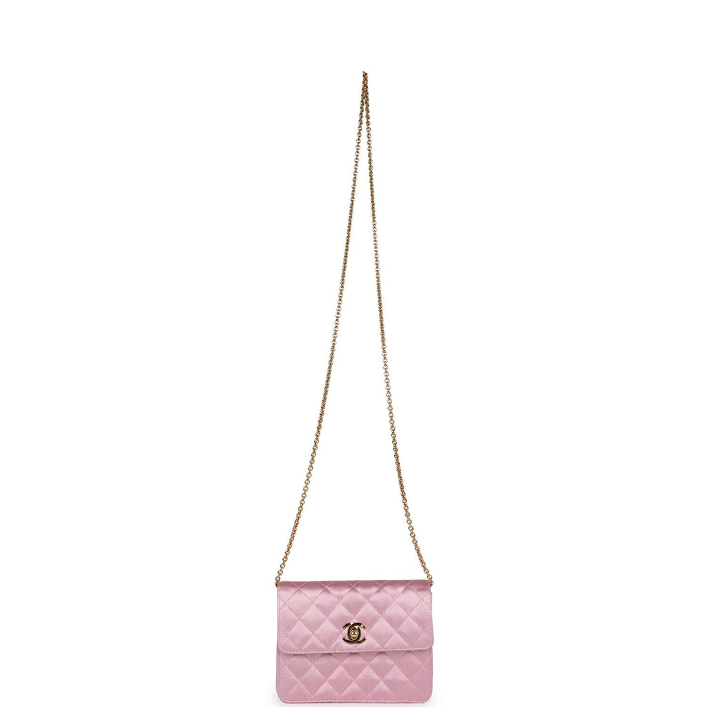 Vintage Chanel Mini Straight Flap Bag Pink Satin Gold Hardware