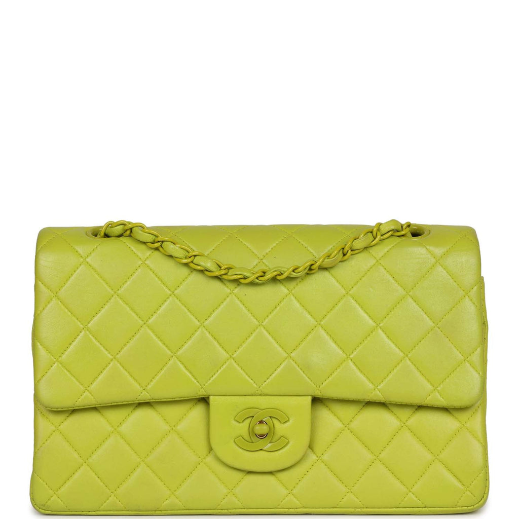 Vintage Chanel Medium Classic Double Flap Lime Green Lambskin Green Hardware