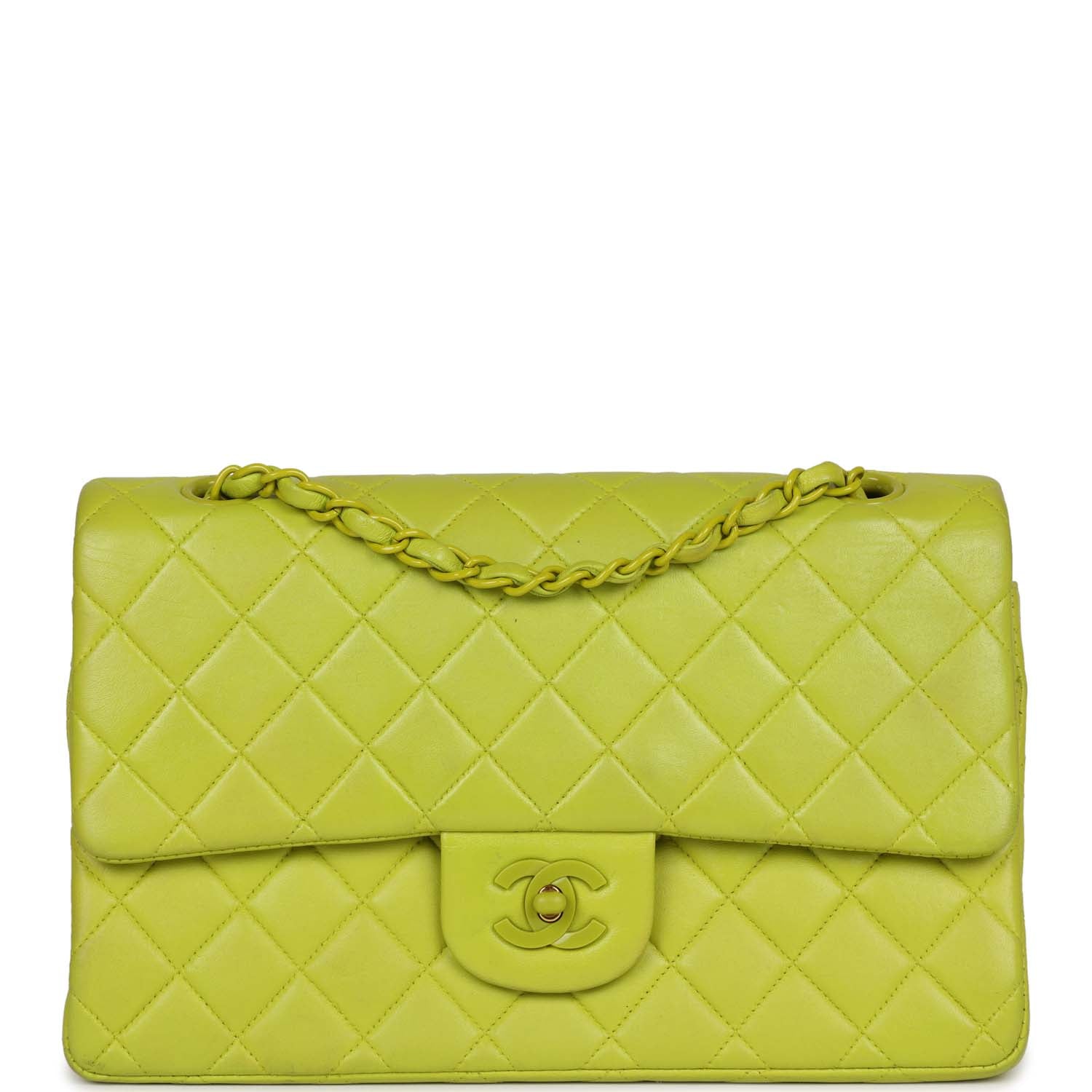 Vintage Chanel Medium Classic Double Flap Lime Green Lambskin Green Hardware