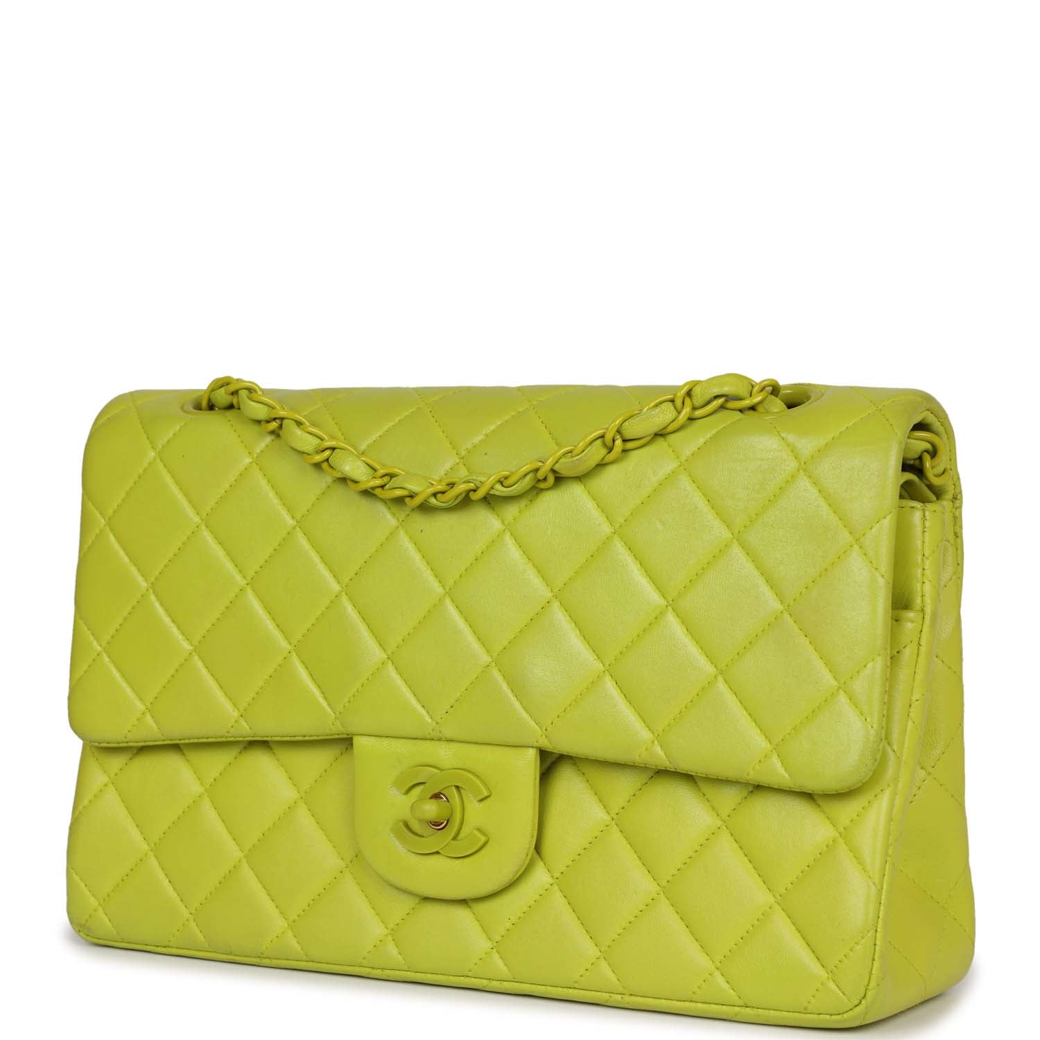 Vintage Chanel Medium Classic Double Flap Lime Green Lambskin Green Hardware