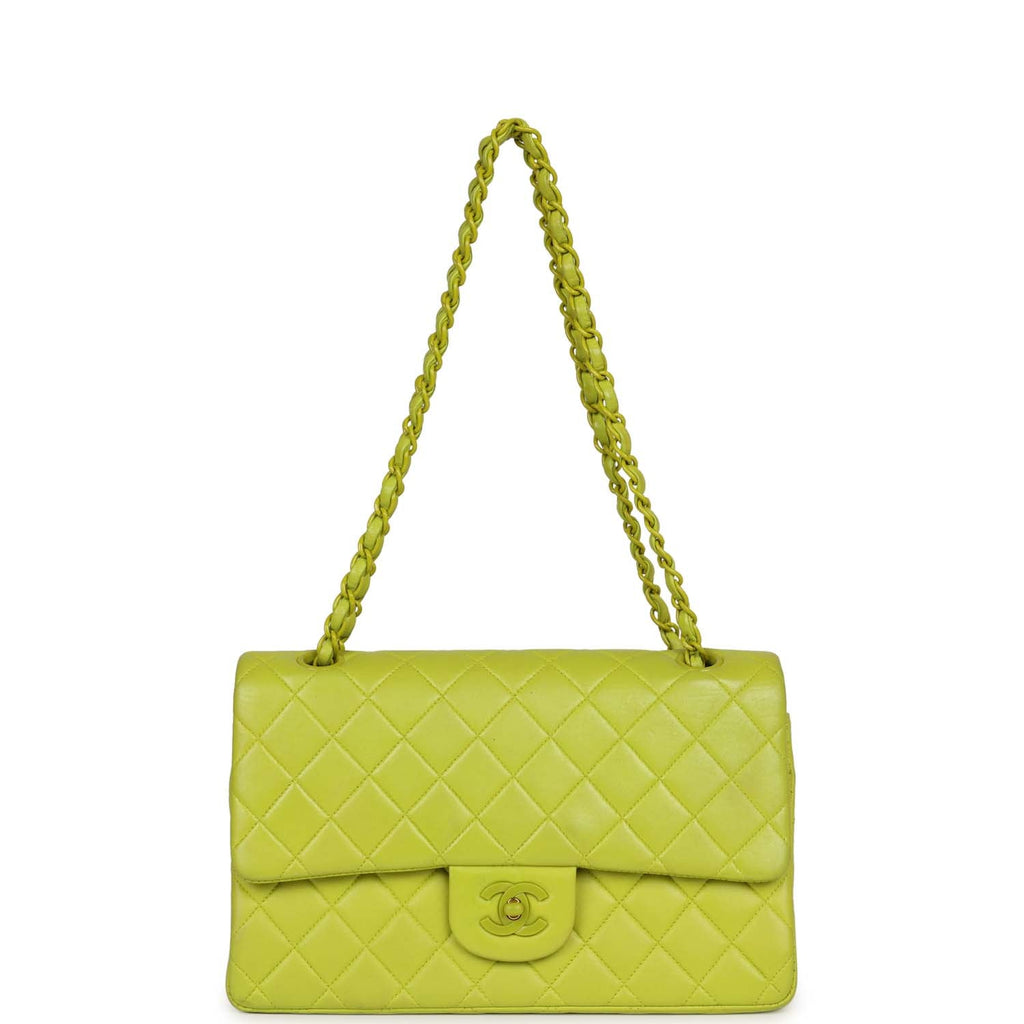 Vintage Chanel Medium Classic Double Flap Lime Green Lambskin Green Hardware