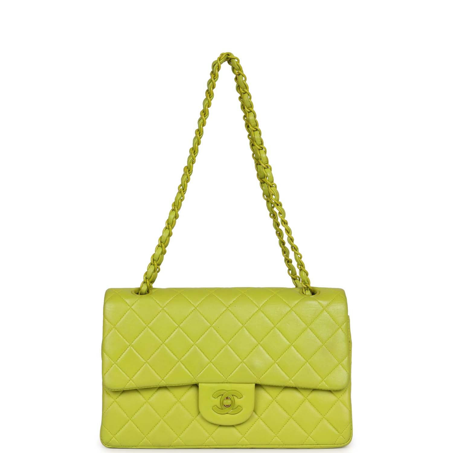 Vintage Chanel Medium Classic Double Flap Lime Green Lambskin Green Hardware